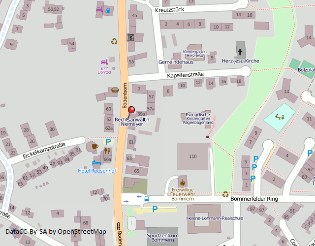 Kanzlei direkt zugänglich von der Straße Bodenborn 59, zwischen Kapellenstraße und Bommerfelder Ring. 